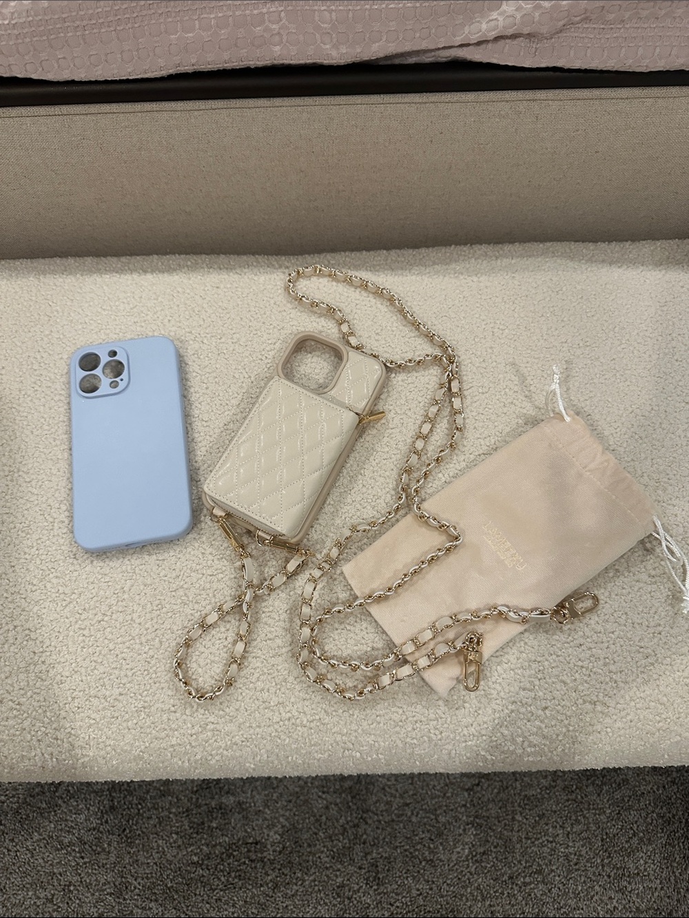iPhone 14 Pro Max - Cream Quilted Phone Case with Gold Chain and Blue Phone Case